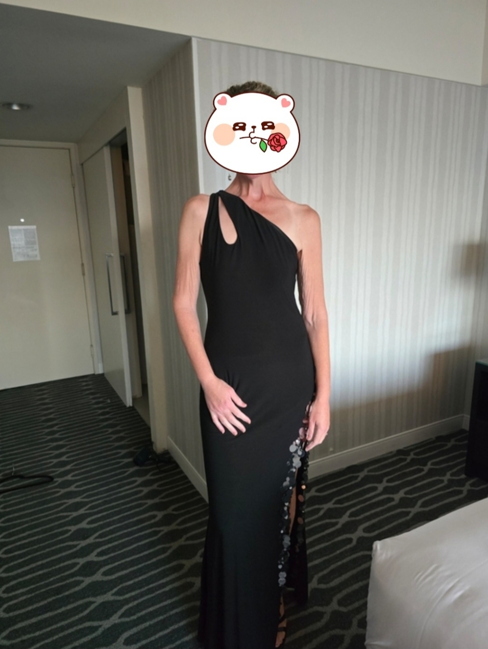 Black One-Shoulder Sequin-Accent Evening Dress